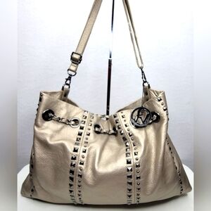 Fortuna Valentino Leather Hobo Bag Womens Pewter Metallic Studded. P169